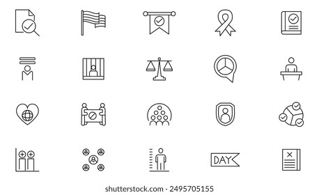 Conjunto de iconos de línea de derechos humanos. Ordenamiento, conciencia, regulación, grupo social, diversidad, juez, comunicación, igualdad de derechos, caridad, y ninguna colección de íconos de esquema bélico. Paquete de iconos delgados de UI