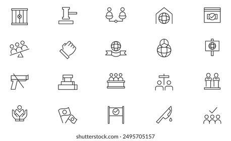 Human rights line icon set. Ordering, consciousness, regulation, social group, diversity, judge, communication, equality of rights, charity, and no war outline icon collection. UI thin icons pack