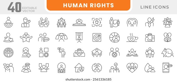 Human Rights line icon set. containing equality, inclusion, belonging, culture, tolerance, languages, unity, difference, ethnicity, gender, human rights, group line icon set. UI thin line icon pack.