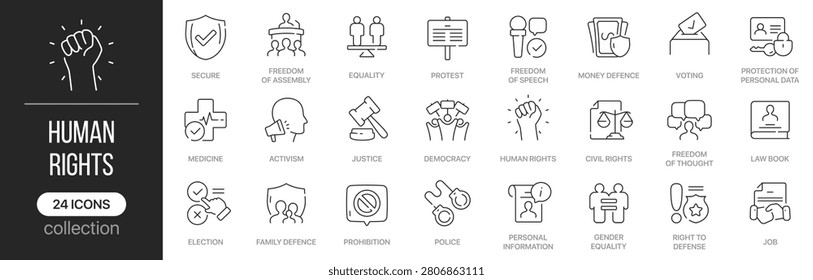Human rights linear icons covering civil liberties and social justice concepts. Contains equality, freedom, voting, democracy, protection, activism and legal rights elements
