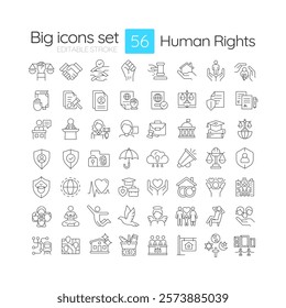 Human rights linear icons set. Civil service. Legislation, equality. Social justice, compliance. Customizable thin line symbols. Isolated vector outline illustrations. Editable stroke