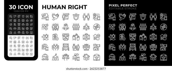 Human rights pixel perfect line black and white line icons set. Protecting people freedoms. Law and justice for everyone safety. Outline iconset. Isolated monochrome illustrations. Editable stroke