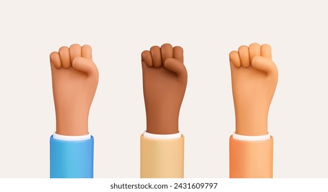 Human rights protection, protests, international strike, uprising, honest work. 3d vector cartoon Human hands in business suits of different nations and races on a white background. Design elements.