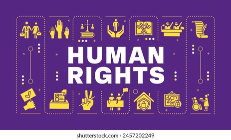 In: Human Rights Purple Word Concept. Soziale Gerechtigkeit, Bundesregierung. Gleichheit des Einzelnen. Visuelle Kommunikation. Vektorgrafik mit Beschriftungstext, bearbeitbare Symbolsymbole