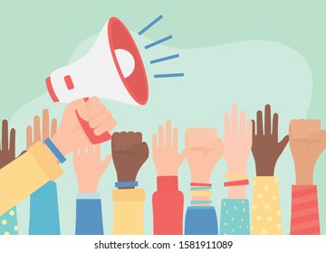 human rights, raised hands unity and hand with speaker vector illustration