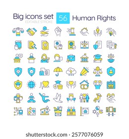 Human rights RGB color icons set. Public service. Civil liberties, social justice. Equality, democracy. Isolated vector illustrations. Simple filled line drawings collection. Editable stroke