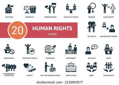 Human Rights set icon. Contains human rights illustrations such as democracy, equality of rights, black rights and more.