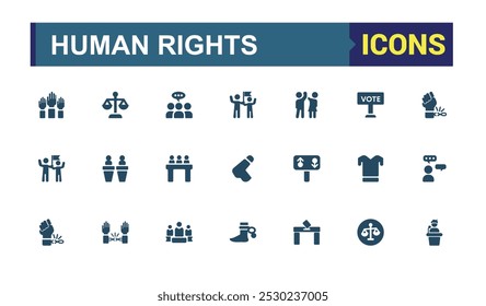 Human rights solid Icons set. collection of filled style icon pack. Related to freedom, Human solidarity and more. Editable and pixel perfect. glyph icon collection.