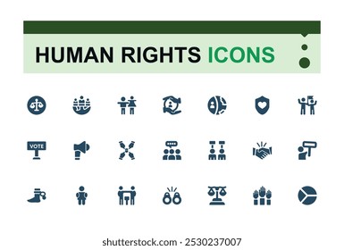 Human rights solid Icons set. collection of filled style icon pack. Related to freedom, Human solidarity and more. Editable and pixel perfect. glyph icon collection.