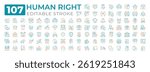 Human rights two color line icons set collection. Moral principles and norms regulated by laws. Legislation authority bicolor outline mega pack isolated. Duotone thin lineart. Editable stroke