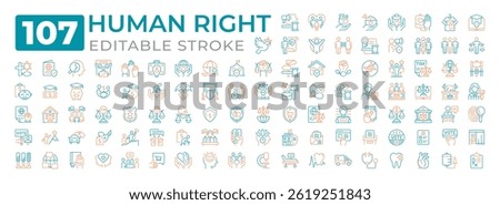 Human rights two color line icons set collection. Moral principles and norms regulated by laws. Legislation authority bicolor outline mega pack isolated. Duotone thin lineart. Editable stroke