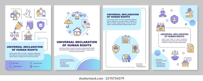 Human rights universal declaration blue gradient brochure template. Equality, democracy. Leaflet design with linear icons. Editable 4 vector layouts