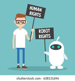 Derechos humanos contra derechos de los robots / Caricaturas con carteles de protesta / Ilustración plana editable del vector, imágenes prediseñadas