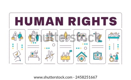 Human rights word concept isolated on white. Social justice, federal government. Individuals equality. Creative illustration banner surrounded by editable line colorful icons. Hubot Sans font used