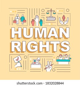 Human rights word concepts banner. Moral principles and freedoms. International law. Infographics with linear icons on yellow background. Isolated typography. Vector outline RGB color illustration