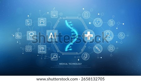 Human RNA Ribonucleic Acid translucent with medical network icons. Artificial intelligence in health care technology. Innovation in digital health smart medical diagnostics. Vector. 