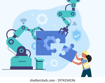 Human and robot arm helping together to assemble the puzzle pieces in the industry 4.0 Human and robot arm