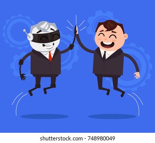 Human and robot characters cooperation. Vector flat cartoon illustration