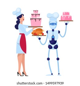 Human and robot chef cooking tasty cake on the kitchen. Cyborg in food industry. Mechanical technology. Isolated vector illustration in cartoon style