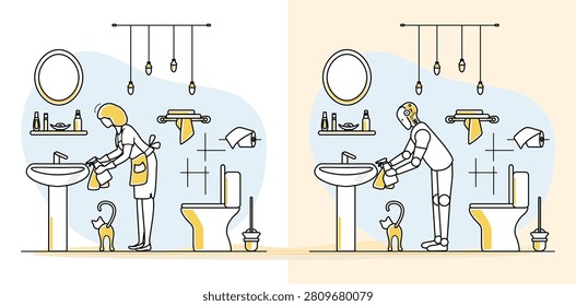 Human and robot cleaning bathroom with cat, illustrating automation concept in a divided scene