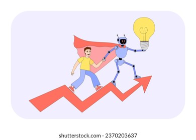 Human and robot are climbing to the top, finding solution, creating idea together. Red arrow pointed up. Concept of cooperation, partnership, sucess in business. Artificial intelligence. Powered by AI