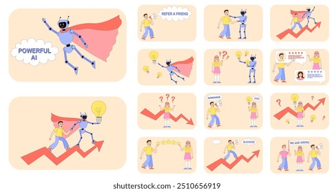 Human and robot are climbing to the top, finding solution, creating idea together. Concept of cooperation, partnership, sucess in business. Artificial intelligence. Refer a friend. Customer feedback.