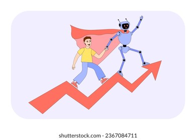 Human and robot are climbing to the top. Red arrow pointed up. Concept of cooperation, partnership, sucess in business. Artificial intelligence. AI helps to improve working process. Powered by AI