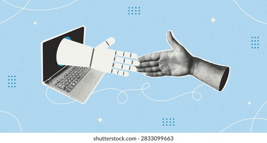 Human and robot collage handshake. Robotic arm, laptop screen, halftone paper cut out man's hand. Collaboration with future technologies. Concept of interaction with artificial intelligence. Vector