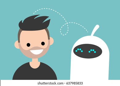 Human and robot communication. New technologies. Flat editable vector illustration, clip art