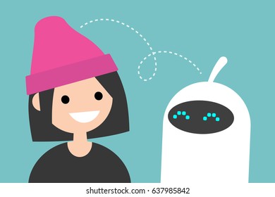 Human and robot communication. New technologies. Flat editable vector illustration, clip art