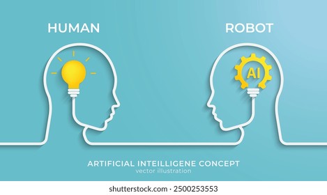 Human and robot concept. Human head with bulb and AI symbols. Artificial intelligence technology concept design, Business concept vector illustration.