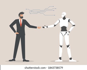 Human and robot. Concept of interaction with artificial intelligence, Symbol of future cooperation, technology advance, innovation.