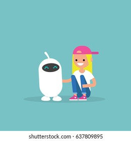 Human and robot friendship. New technologies. Flat editable vector illustration, clip art