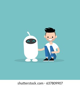 Human and robot friendship. New technologies. Flat editable vector illustration, clip art