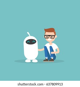 Amistad humana y robot. Nuevas tecnologías. Ilustración vectorial editable plana, arte de Clip