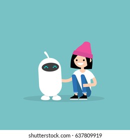 Human and robot friendship. New technologies. Flat editable vector illustration, clip art