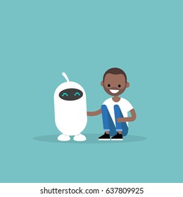 Human and robot friendship. New technologies. Flat editable vector illustration, clip art