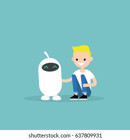Human and robot friendship. New technologies. Flat editable vector illustration, clip art