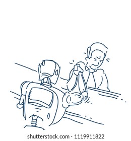 human and robot hand in action of arm wrestling fight artificial intelligence over white background sketch doodle vector illustration