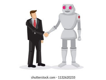 Human and robot hand shaking. Concept of negotiating business, cooperation, collaboration, teamwork, communication or partnership with a robot. Isolated vector illustration.