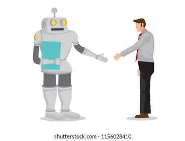 Human and robot hand shaking. Concept of negotiating business, cooperation, collaboration, teamwork, communication or partnership with a robot. Isolated vector illustration.