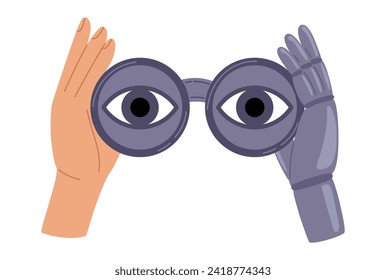 Human and robot hands holding binoculars, eyes looking forward through lenses. Collaboration between humans and robots. Artificial intelligence help search. Vector illustration in hand drawn style