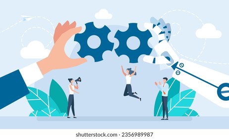 Human and robot hands holding giant gears. Collaboration and innovation in technology. Symbiosis of human and artificial intelligence. Development of technologies and AI. Vector flat illustration.