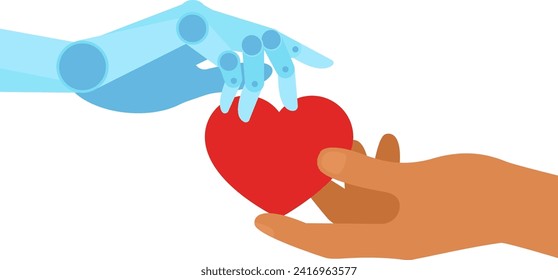 Human and robot hands holding heart shape. Collaboration between technology and humanity. Innovation. Artificial intelligence evolution and interaction with human processes.