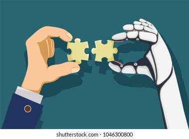 Human and a robot hands holding puzzle pieces. Development and innovation in technology. Stock vector flat graphic illustration.