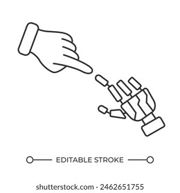 Human and robot hands linear icon. AI and human interaction. Artificial intelligence connection. Machine learning. Thin line illustration. Contour symbol. Vector outline drawing. Editable stroke