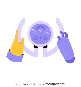 Mãos Humanas E Robôs No Volante Na Ilustração De Vetor Plano Simbolizando A Integração Da IA Na Condução, Interação De Robôs Humanos, Isolada No Fundo Branco