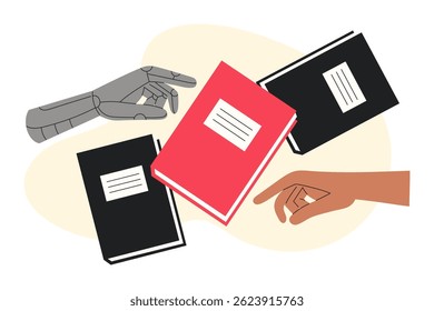 Human and Robot Hands Reaching for Books, Symbolising the Conflict Between Artificial Intelligence and Human Creativity
