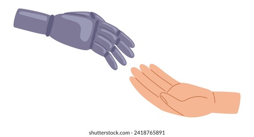 Human and robot hands reaching for each other. Robot and people extend their hands to each other. Collaboration between humans and robots gesture. Vector illustration in hand drawn style
