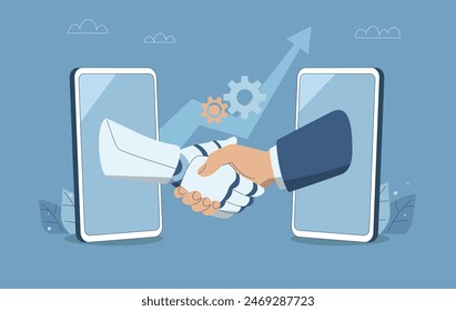 Human and robot hands shake hands through a smartphone, Cooperation between humans and robots, AI, Human and artificial intelligence collaboration, Modern technology and innovation concept. Vector.